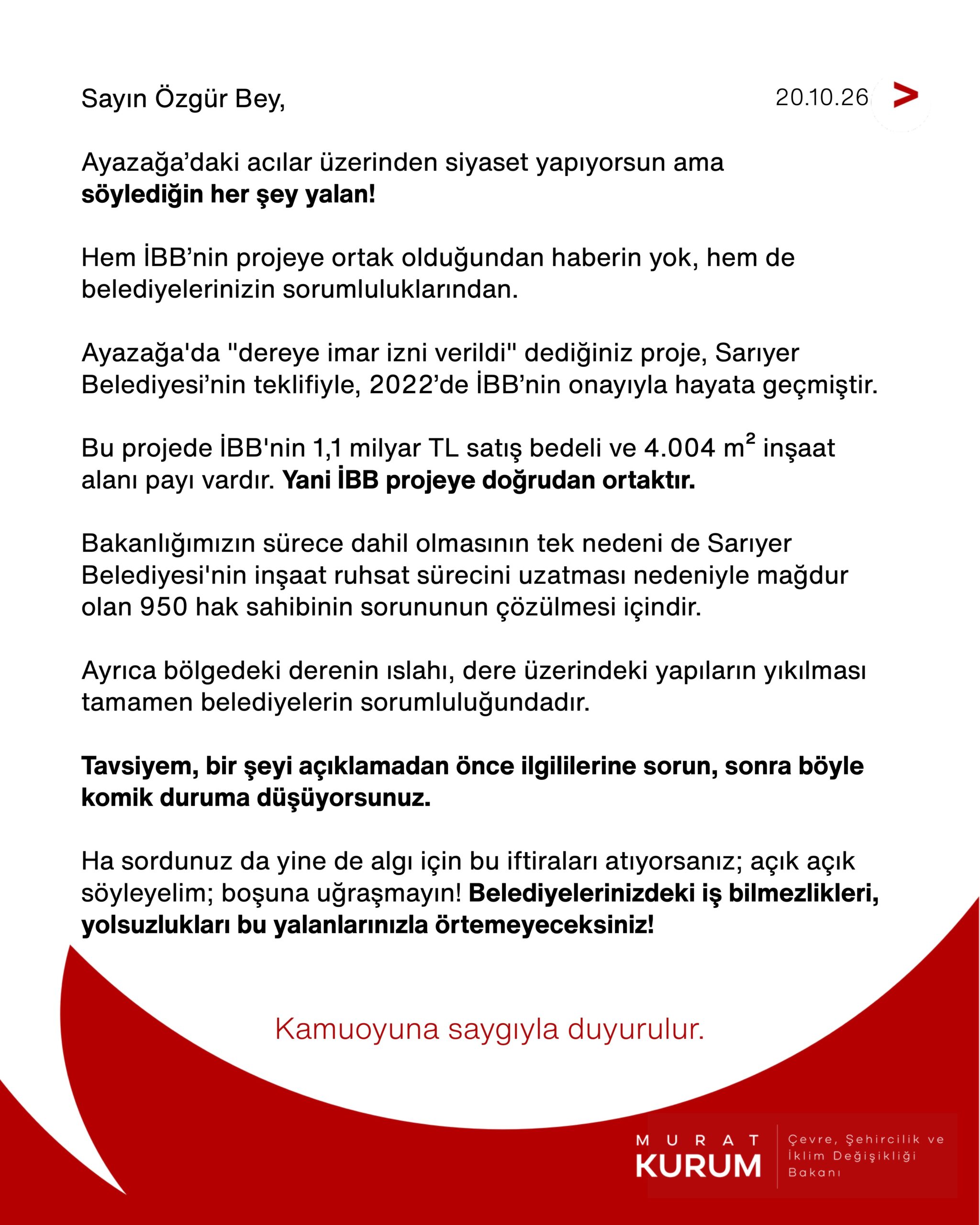 Bakan Kurum’dan Özgür Özel’in Ayazağa İddialarına Sert Yanıt