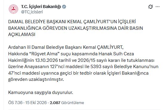 İçişleri Bakanlığı Damal Belediye Başkanı Kemal Çamliyurt’u Görevden Uzaklaştırdı