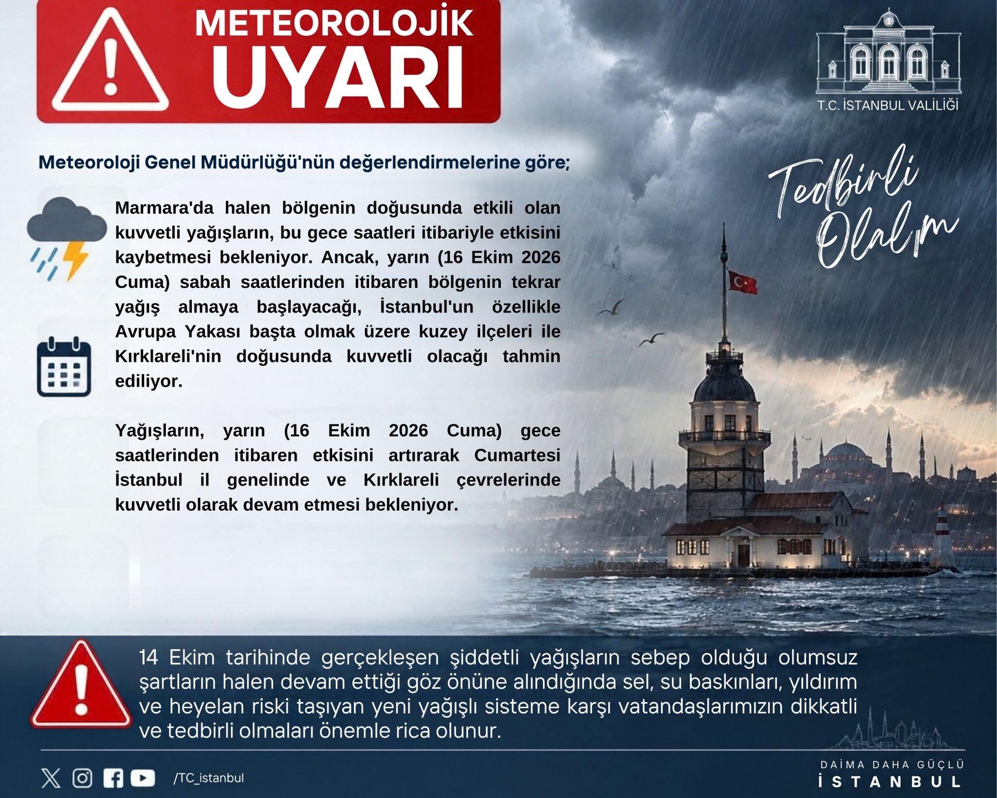 İstanbul Valiliği’nden Yeni Kuvvetli Yağış Uyarısı